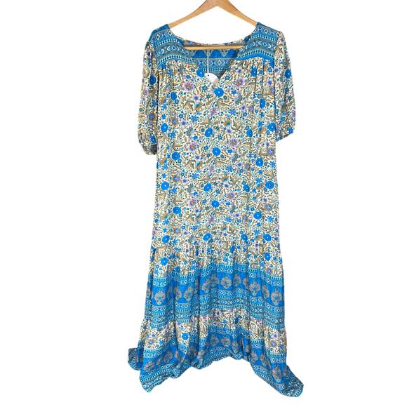 Rustydustty Boho Floral Maxi Dress NWT Tiered Puff Sleeve Blue Print 2XL belted - Picture 1 of 10